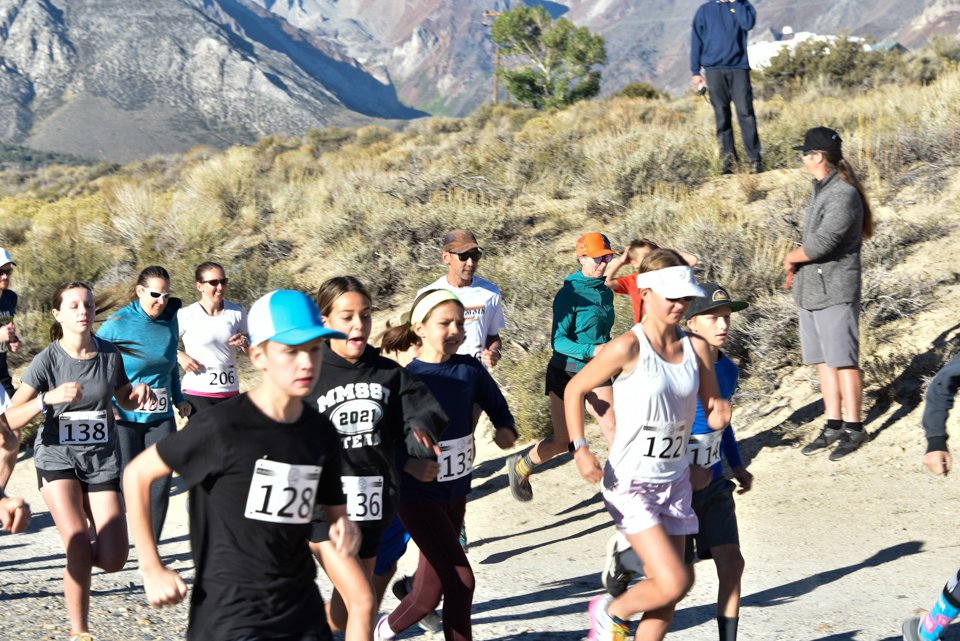Crowley Lake Trail Run participants run on a dirt road with mountains in the background